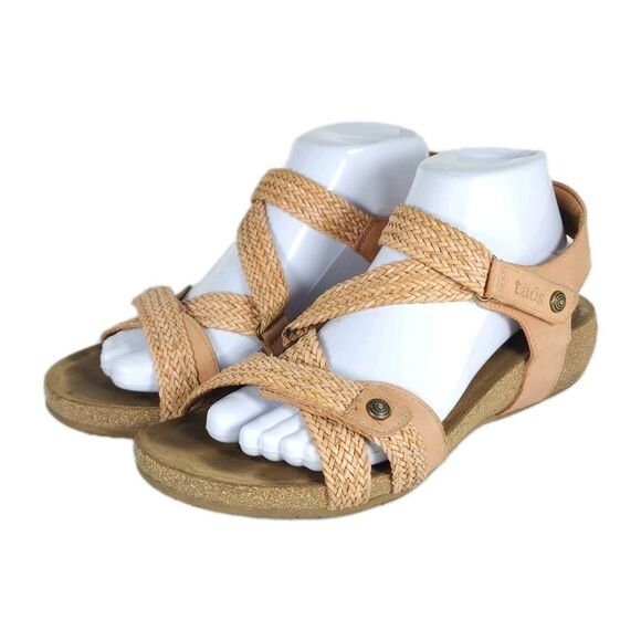 Taos Women’s Trulie US9-9,5 Cantaloupe Leather Woven Cork Wedge Strappy Sandals - Picture 1 of 16